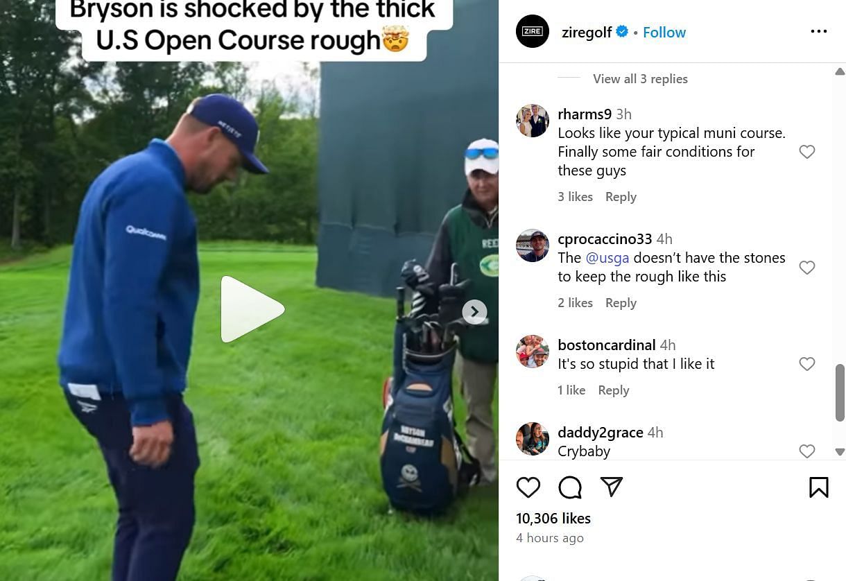 Fans comment under DeChambeau's play at Oakmont (Image Credit: via IG @Ziregolf)